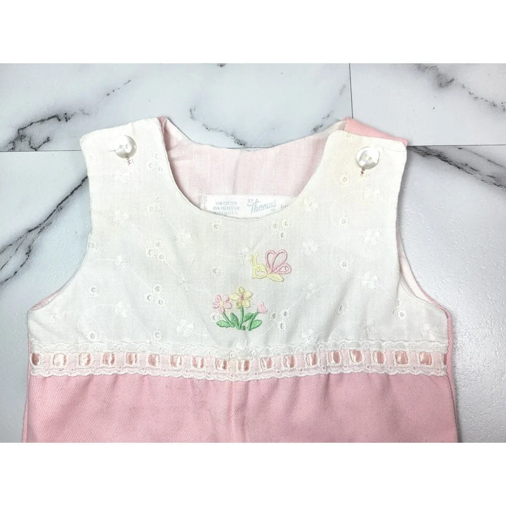 by Thomas Vintage Pink Romper White Eyelet Floral Butterfly Lace  3-6 Months USA